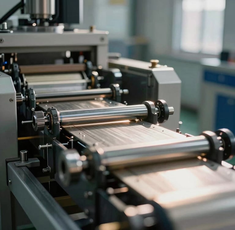 Close-up of modern automated packaging machinery line in a clean industrial facility, sharp focus on metallic components, dramatic natural side-lighting.