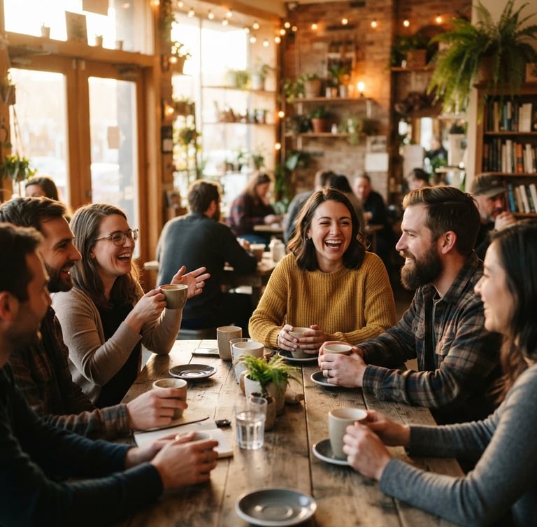 Warm golden hour environmental photography of a cozy community gathering space, people sitting around a rustic wooden table with coffee cups, laughing and talking naturally, soft sunlight, shallow depth of field