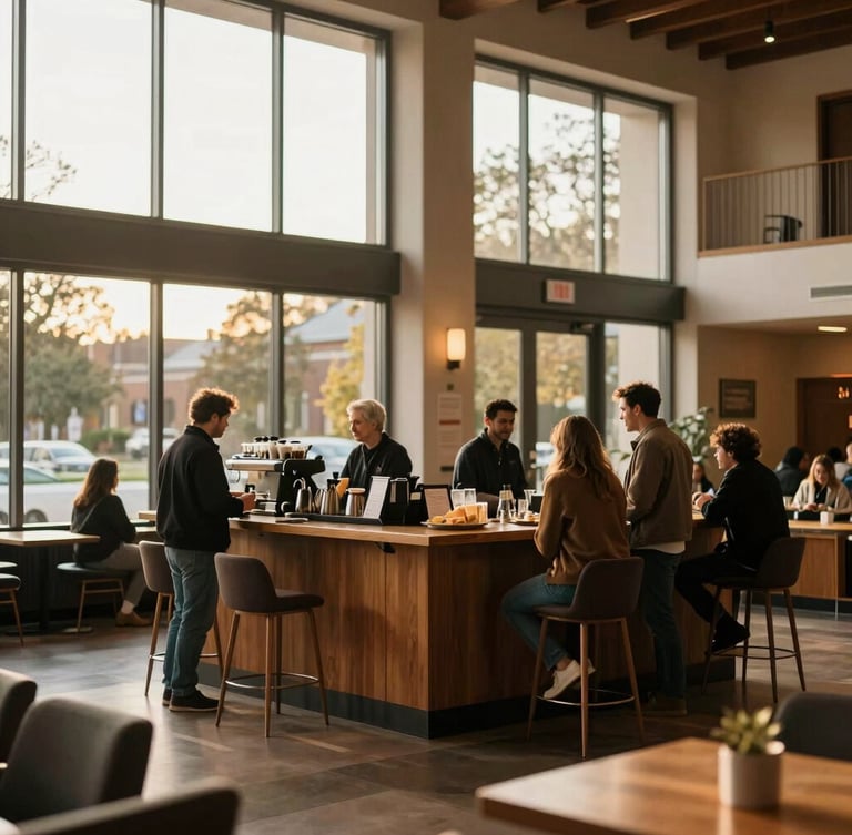 Warm environmental photography of a modern church lobby, natural light streaming through large windows, a coffee bar area with people talking in the background, authentic and welcoming atmosphere