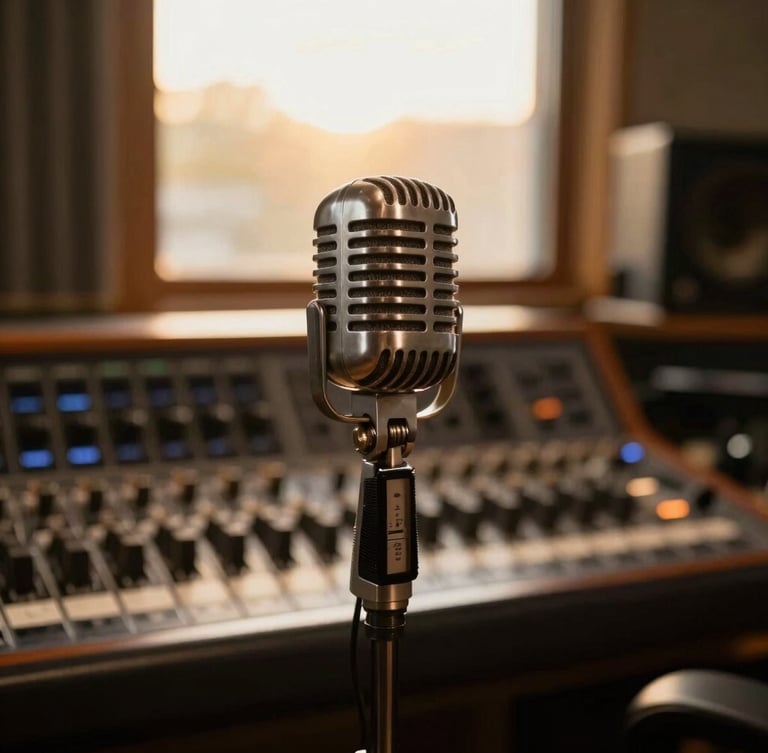 A warm radio broadcasting studio, vintage microphone in focus, soft golden hour light coming through a window, soundboard blurred in the background.