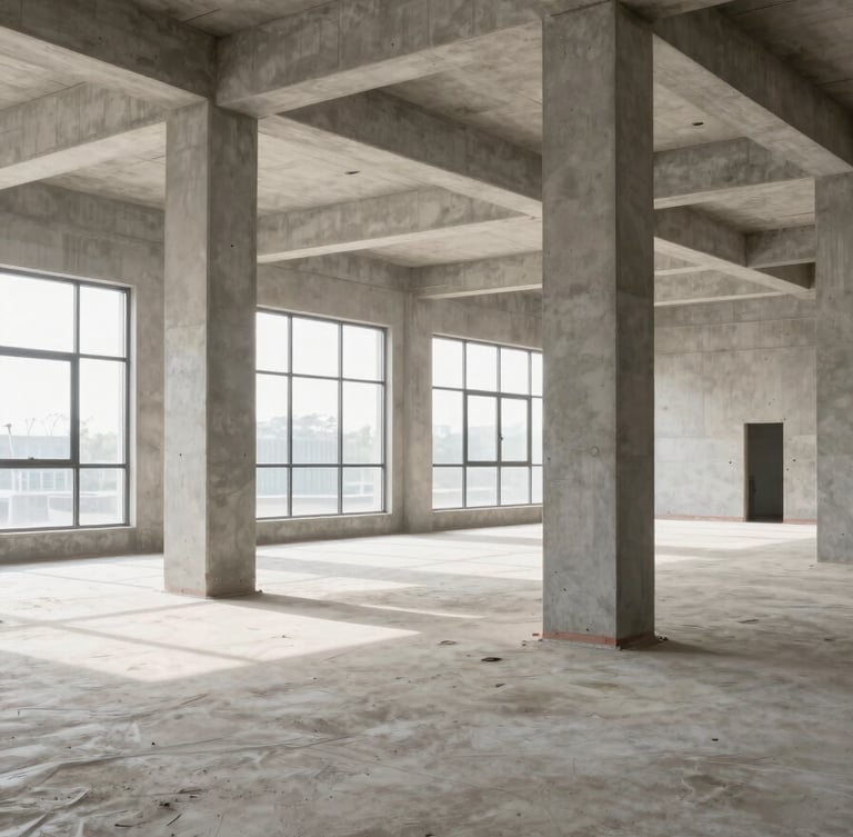 Wide interior view of a completed commercial building under final inspection, clean concrete columns and open floor plan, midday natural daylight through large windows, no people, architectural precision