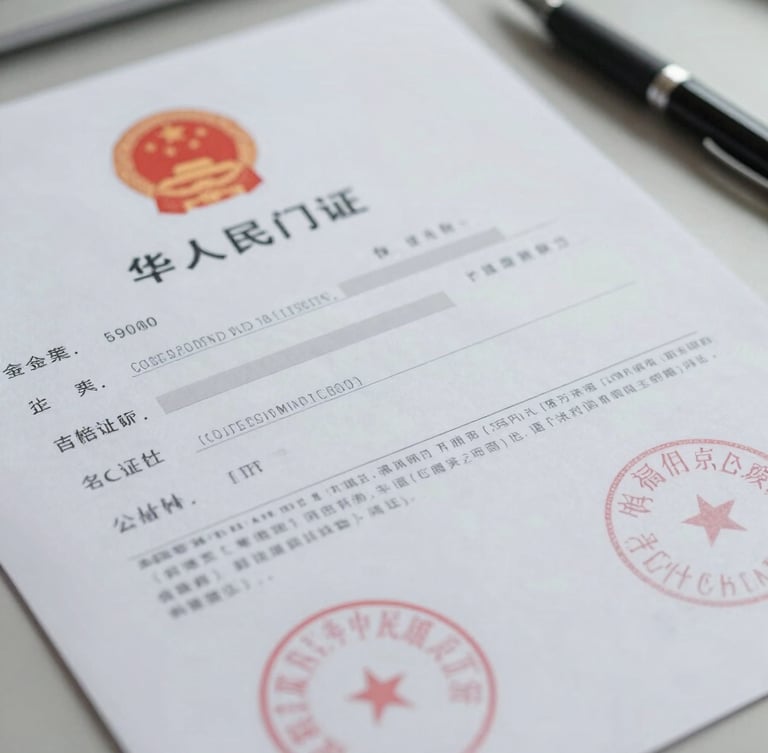 Close-up of official permit documents and municipal stamps laid flat on a desk with a pen, clinical overhead lighting, orderly and precise, no people