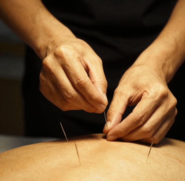 Hands-on clinical training, placing acupuncture needles with absolute precision under dramatic low-key lighting, warm gold highlights, deep black background, 35mm photography