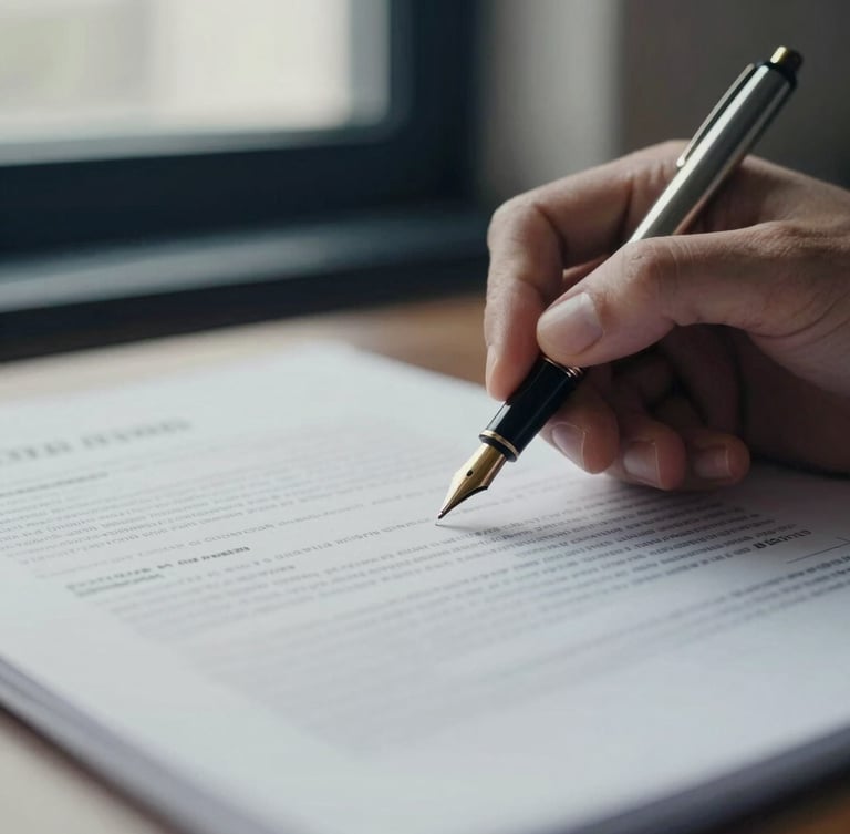 Close-up of a hand holding a fountain pen, poised over a high-quality financial document, soft side-lit window light, deep navy and muted gold tones, shallow depth of field, 35mm.