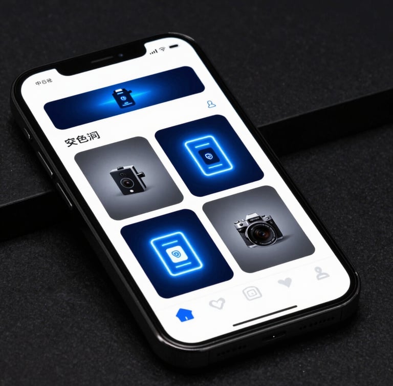 Close-up of a sleek modern smartphone displaying a security app interface with live camera feeds, neon blue accents, dark moody background, high contrast studio lighting.