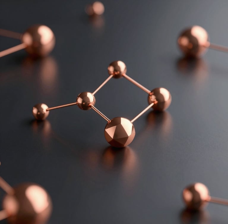 Sleek 3D render of abstract glowing geometric nodes on a dark metallic surface, soft copper highlights, clean studio lighting, architectural composition, 8k