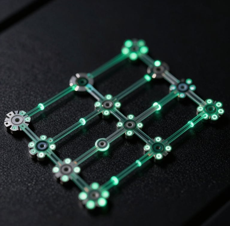Macro close-up of high-fidelity system topology diagrams with glowing emerald fiber-optic paths on deep black background