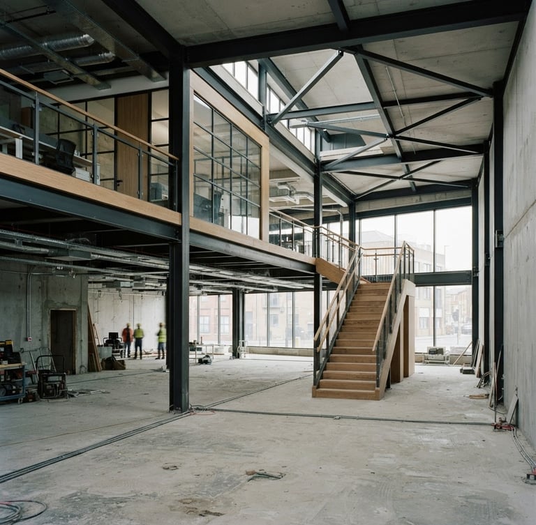 Wide shot of a modern commercial interior build-out, exposed structural steel beams, raw concrete floors, and precise joinery, under natural overcast daylight, desaturated slate and raw concrete tones, sharp focus, 35mm.