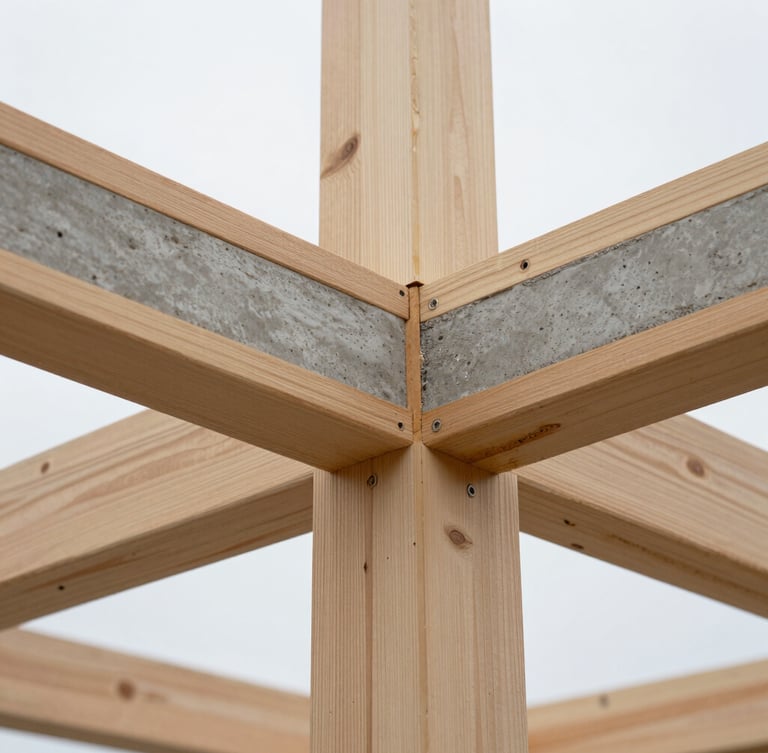 Close-up macro shot of a precise timber joinery connection in a modern residential structural frame, natural overcast daylight, sharp focus, desaturated slate and raw concrete tones.