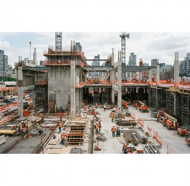 Active, highly organized job site, exposed structural framing, natural overcast daylight, desaturated slate and raw concrete tones, sharp focus, 35mm, safety-orange accents in the background, wide panoramic view.