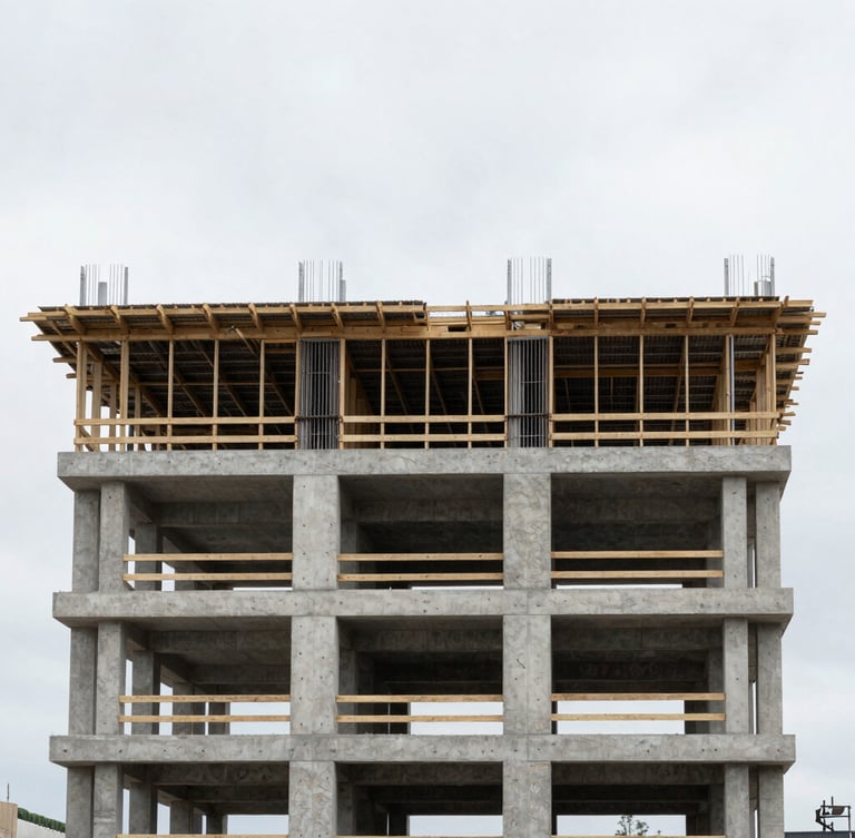 Straight-on architectural elevation of a modern concrete and steel residential structure under construction, exposed framing, overcast sky, sharp technical focus, 35mm