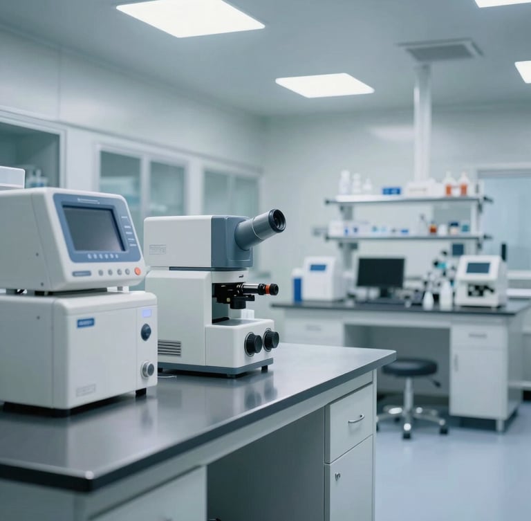 A clean, high-contrast interior of a modern clinical laboratory facility, sharp architectural lighting, steel counters, medical equipment in soft focus background.