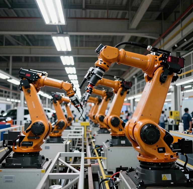 Wide environmental shot of an active automotive assembly line, robotic arms in motion, high-contrast industrial lighting, dramatic scale.
