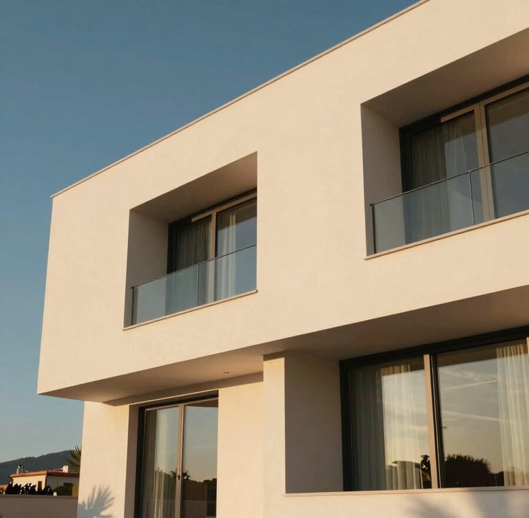 Low-angle architectural photography of a modern luxury villa in Castellón, featuring off-white facades and large windows, captured during the golden hour in a Southern European / Spanish landscape.
