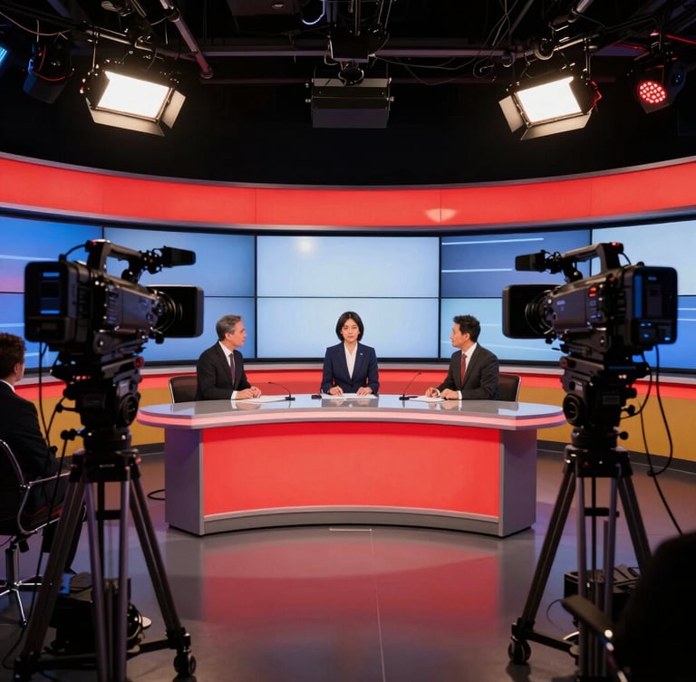 A dramatic newsroom backdrop with professional broadcast cameras, glowing screens, and a news anchor desk in high-contrast red and gold lighting, wide-angle 35mm photojournalism.
