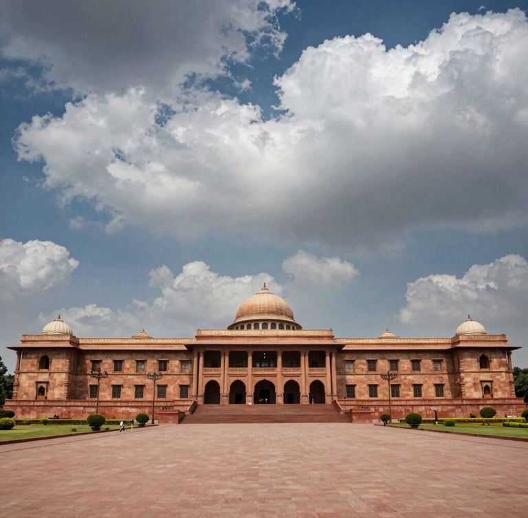 Dramatic wide environmental shot of the Indian Parliament House in New Delhi under dynamic cloudy sky, high-contrast photojournalism, harsh daylight.