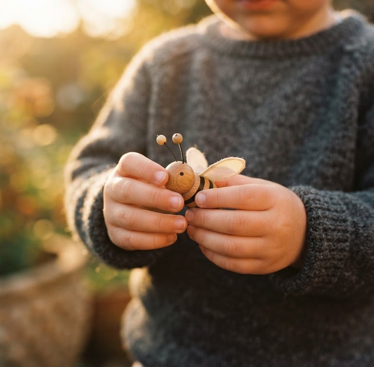 Warm editorial photography of a child's hands carefully holding a small wooden bee toy, golden-hour natural light, rich honey tones, shallow depth of field
