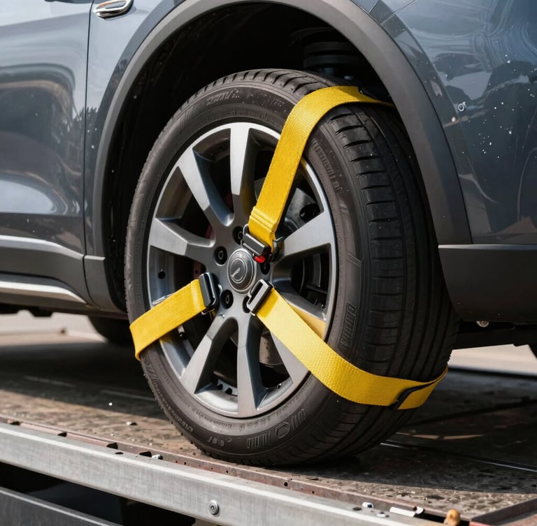 Close-up of a high-tensile yellow safety strap securing a clean car wheel onto a metal flatbed truck, sharp focus, professional industrial setup, daylight.