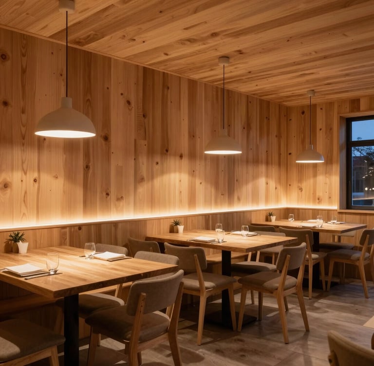 A cozy Scandinavian-style restaurant dining room at dusk, warm low-temperature architectural lighting highlighting clean timber paneling, no visible fixtures.