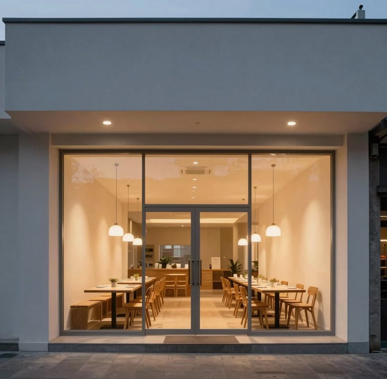 A wide architectural elevation of a minimalist Scandinavian-style restaurant dining room at dusk, warm low-temperature lighting glowing from hidden flush-mount ceiling slots, clean lines, no visible wires or clutter.