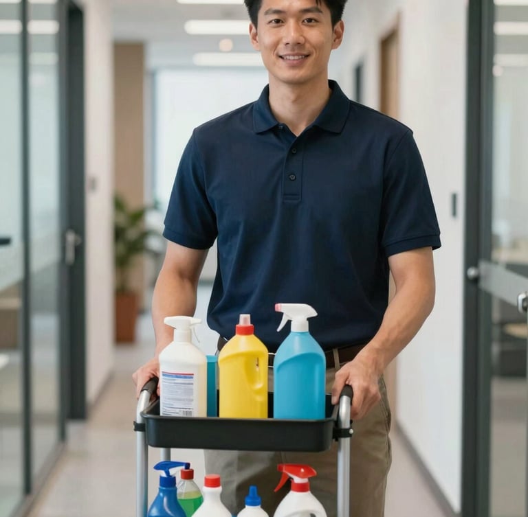 A medium shot of a professional cleaning technician in a clean, modern hallway of a North American office building. They are wearing a professional polo shirt and holding a tidy caddy of cleaning supplies. The atmosphere is professional, bright, and trustworthy.