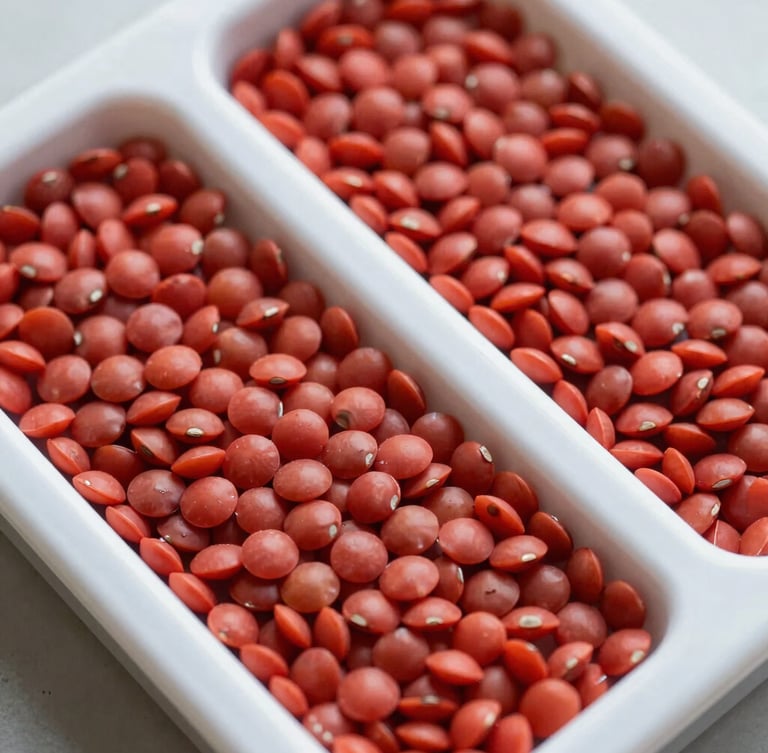 A clean, clinical overhead macro shot of raw, polished red lentils arranged in a technical grading tray under bright, natural daylight.