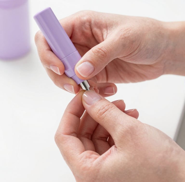 Close-up of hands performing a precise manicure technique, soft natural lighting, pastel violet and pink tones, clean white background, shallow depth of field, 35mm photography