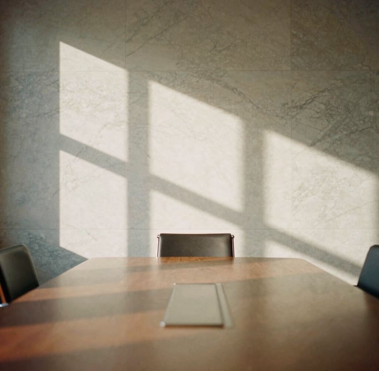 Architectural detail of a quiet, empty classic corporate meeting room, elegant shadows casting across a marble wall, warm natural light, 35mm