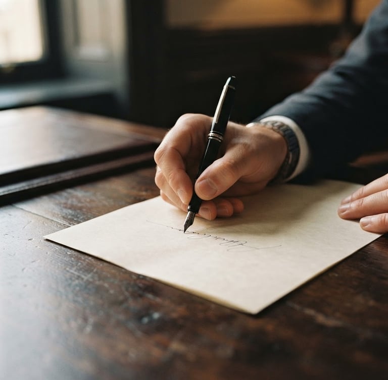 Macro close-up of hands signing high-quality heavy paper documents on a dark wooden desk, soft natural window light, shallow depth of field, sober editorial style