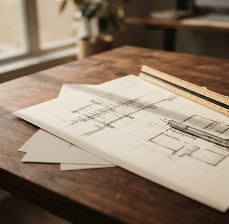 Macro details of high-quality paper documents and architectural shadows on a quiet walnut table, warm natural window light, shallow depth of field, 35mm style