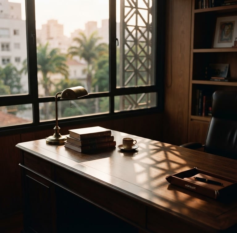 Architectural detail of a classic, quiet private office in São Paulo, soft warm window light casting elegant geometric shadows on a dark wood table, 35mm photography, shallow depth of field