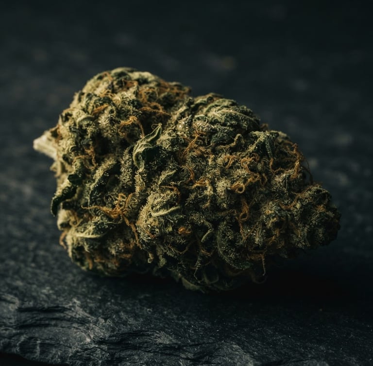 Macro close-up of premium dried cannabis flower on a dark slate surface, dramatic side-lighting, deep forest green and muted gold tones, high-end editorial.