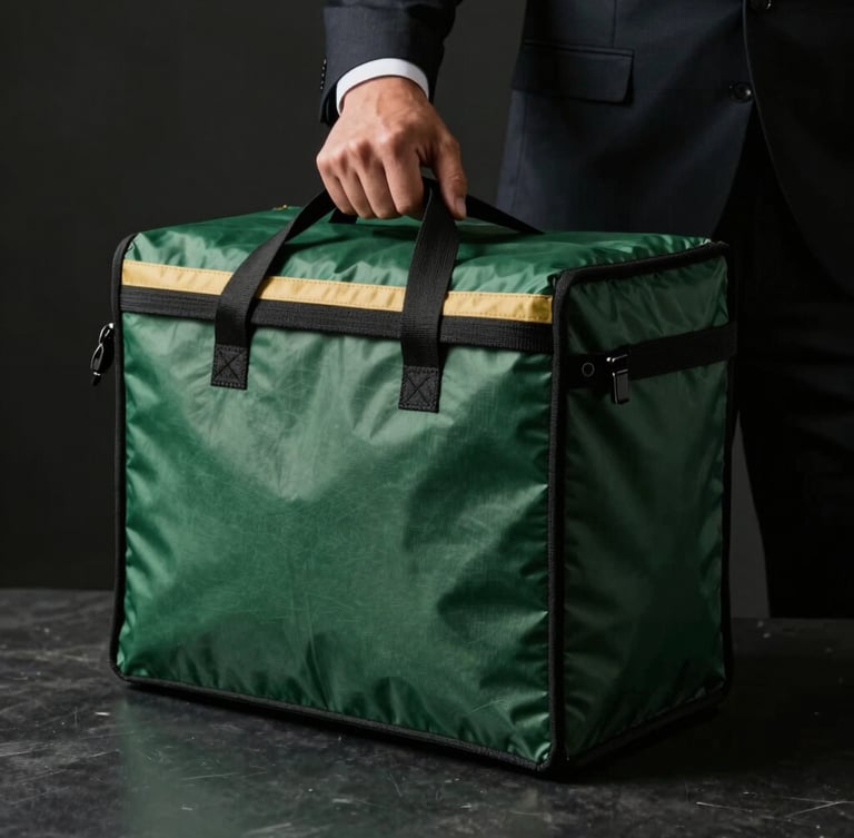 Close-up of a professional courier's hand in a dark suit, subtly placing a sleek, unbranded, dark forest green delivery bag onto a dark polished surface, low-key dramatic side-lighting, moody shadows.