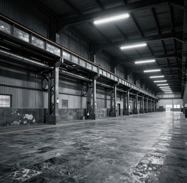Dramatic high-contrast industrial warehouse interior, cool steel and slate tones, sharp focus, 35mm lens, empty factory line with overhead fluorescent lighting