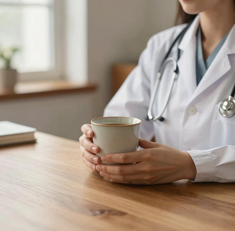 Hands of a female doctor holding a warm ceramic cup on a wooden desk, soft natural light, cozy and sophisticated clinical office environment