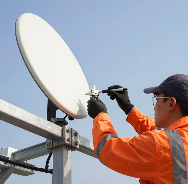 Close-up of a technician in high-visibility safety gear performing precision alignment on a GSM antenna, bright daylight, high-contrast steel.