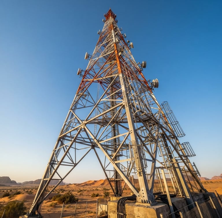Low-angle heroic shot of a massive steel telecom tower stretching into a crisp Saudi desert sky, dramatic late-afternoon sun highlighting the metallic structure and safety orange accents, sharp industrial photography