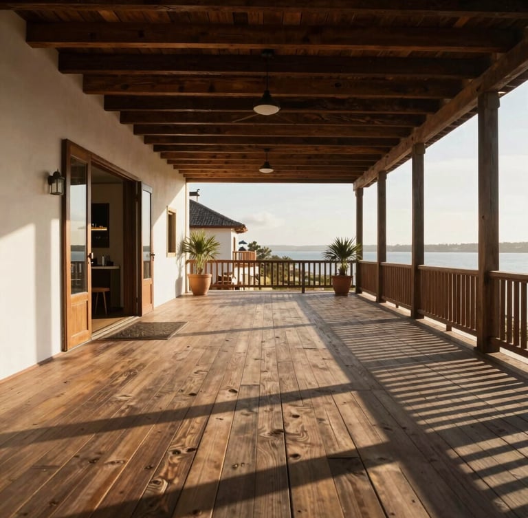 Wide environmental shot of an empty, sunlit boutique hotel veranda in Trancoso, warm morning light casting long shadows on rustic wooden floorboards, no people, editorial photography.