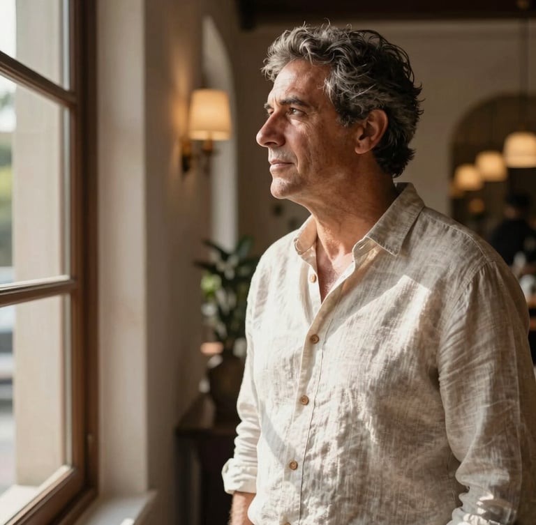 A candid, environmental portrait of Serafim Cruz, a mature man in a linen shirt, looking thoughtfully out a window of a rustic but elegant boutique hotel lobby, warm natural morning light, rich shadows.