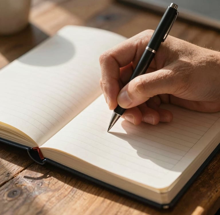 Extreme close-up of hands writing on a physical ledger book on a rustic wooden desk, soft morning sunlight casting long shadows, warm and professional.