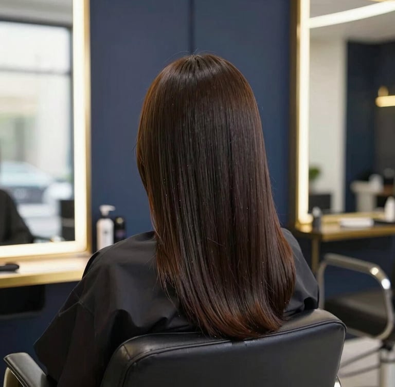 A stylish guest showcasing a crisp, modern hair transformation in a sleek salon interior with gold accents and deep navy tones, bright studio lighting, 35mm.