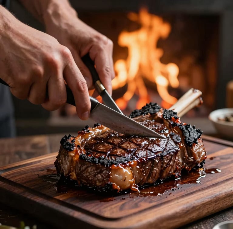 Close-up of hands carving a perfectly charred thick ribeye steak on a dark wooden board, warm firelight, shallow depth of field