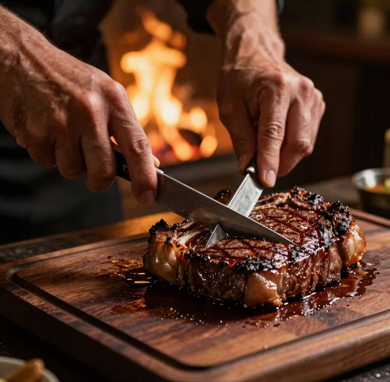 Dramatic close-up of a chef hands carving a perfectly seared ribeye steak on a dark wooden board, warm low-key firelight, embers glowing in the background, 35mm