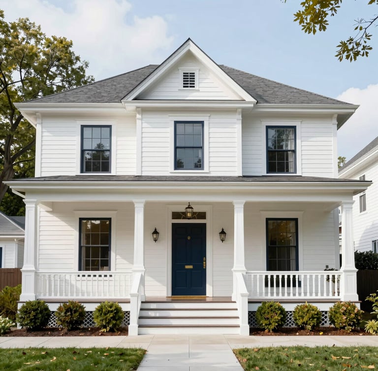 Wide architectural shot of a newly renovated historic Quincy home, crisp white siding, flawless custom trim, bright natural daylight, 35mm lens
