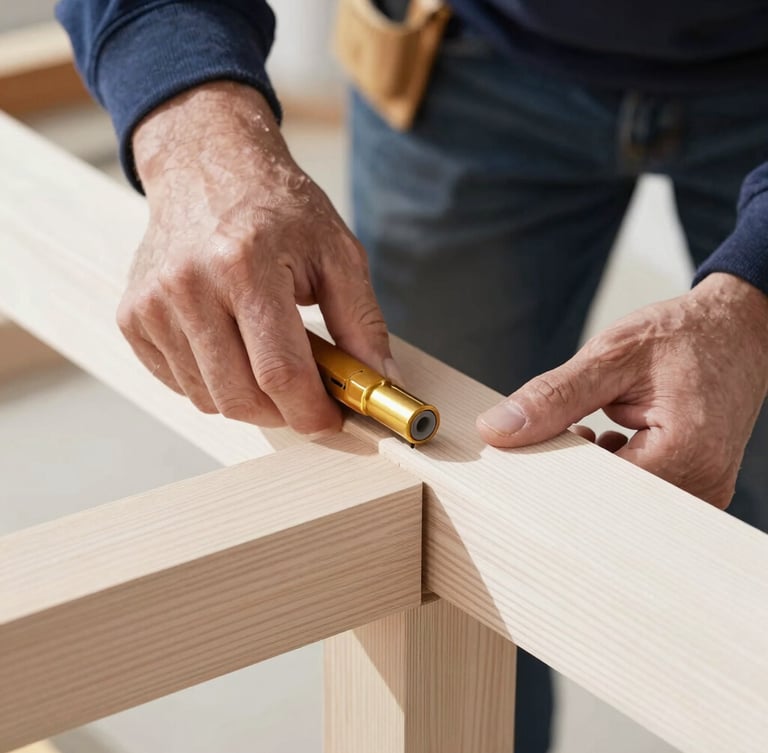 Tight detail shot of a master carpenter fitting a custom-milled white oak joint, bright natural daylight, crisp focus