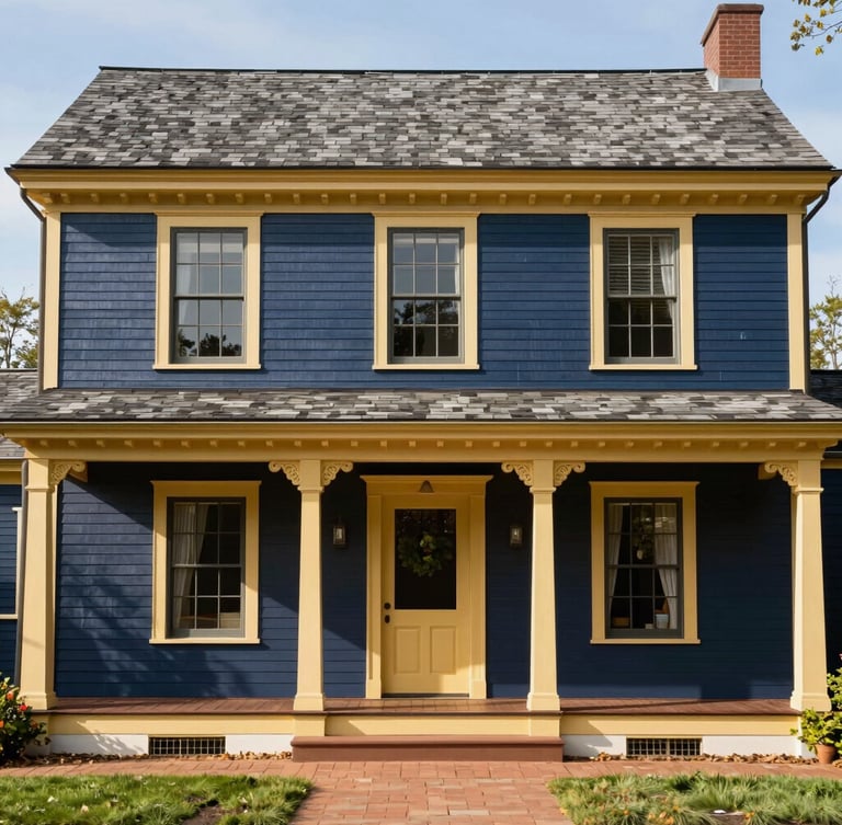 Wide architectural shot of a classic New England home facade with immaculate siding and custom trim, sunlit, premium architectural photography