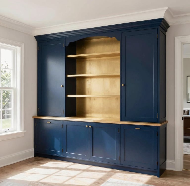 Premium architectural photography of a bright, sunlit residential living room featuring custom-milled built-in cabinetry, deep navy accents, and immaculate white trim, sharp focus, 35mm lens