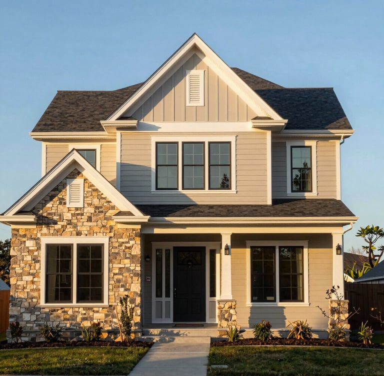 Premium architectural photography of a finished custom home exterior in Quincy, warm golden hour light hitting clean siding and masonry, sharp focus, 35mm lens