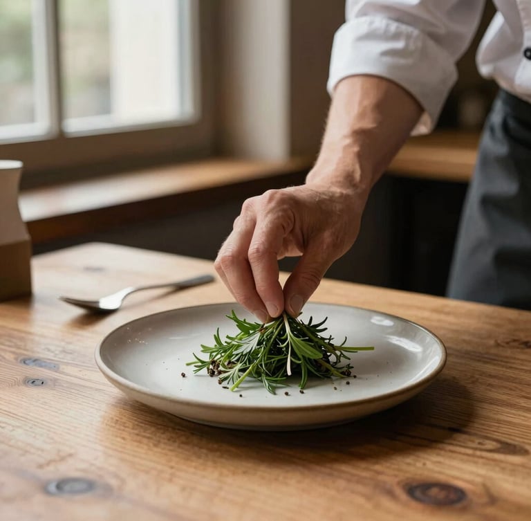 A warm Scandinavian-style restaurant scene, rustic wooden table, soft window light, a chef placing a fresh herb on a minimalist ceramic plate.