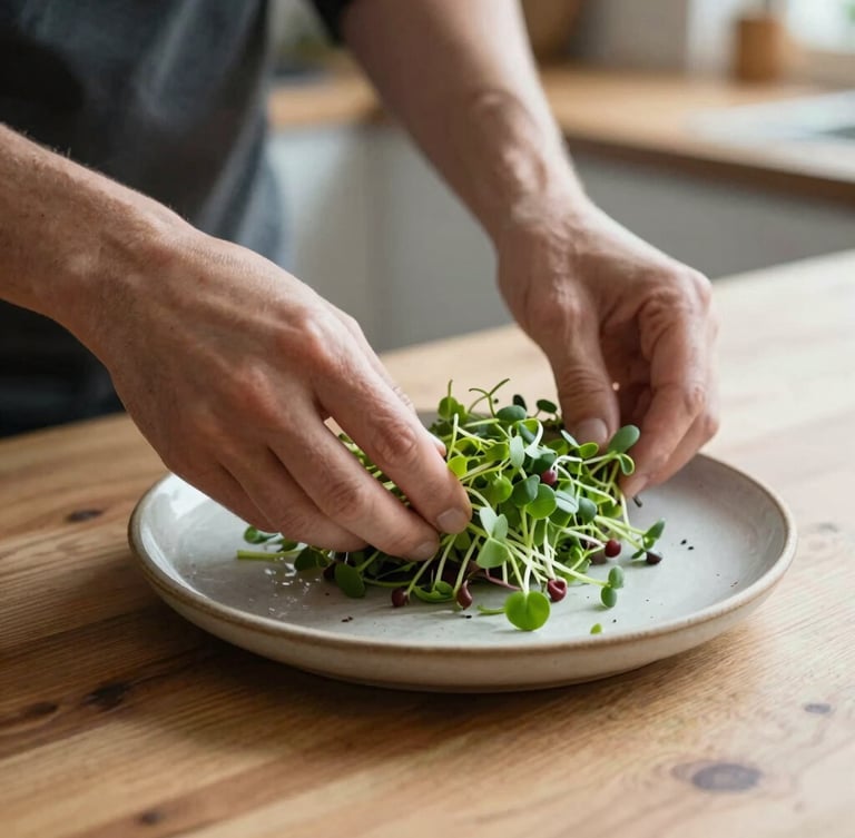 Natural light Scandinavian kitchen scene, hands gently placing fresh microgreens on a rustic ceramic plate, soft side daylight, raw wooden table texture.